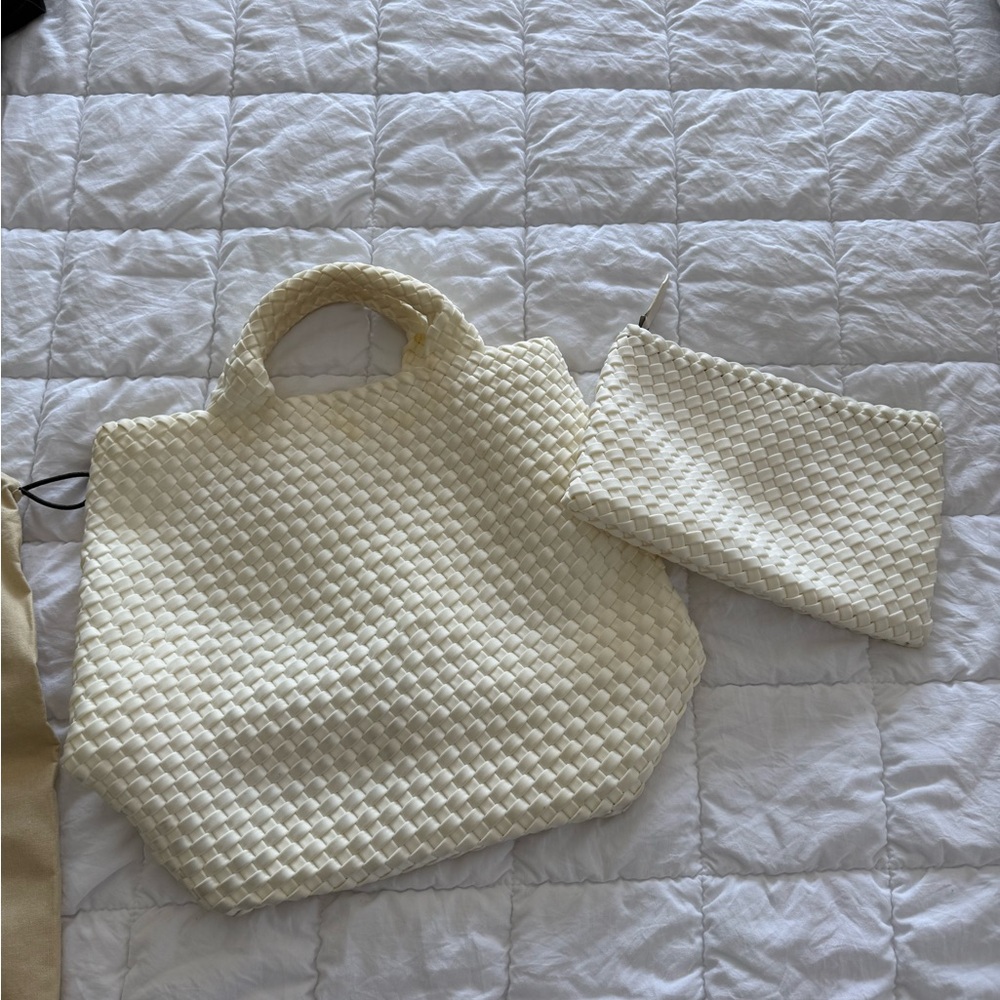 Naghedi Cream Woven Tote with Pouch